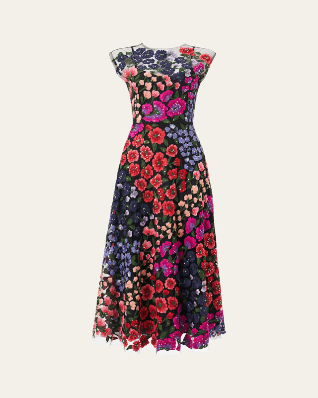 Floral Embroidered Cap Sleeve Midi Dress